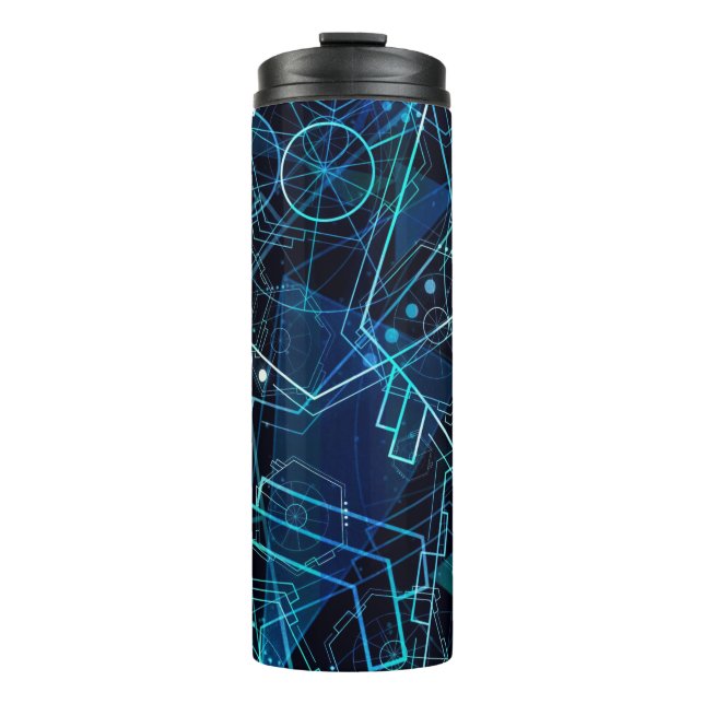 Abstrakte digitale geometrische Daten Blaue Kunst Thermosbecher (Vorderseite)