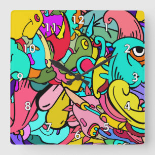 Abstrakte Doodle Art Quadratische Wanduhr