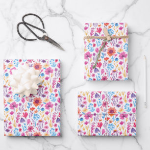 Abstrakte Doodle-Kunst-Blumen Rosa Blau Orange Rot Geschenkpapier Set