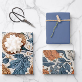 Abstrakte elegante Herbstkürbis dustige blaue Blät Geschenkpapier Set