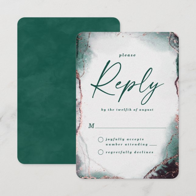 Abstrakte Emerald Green Wedding RSVP Antwortkarte (Vorne/Hinten)