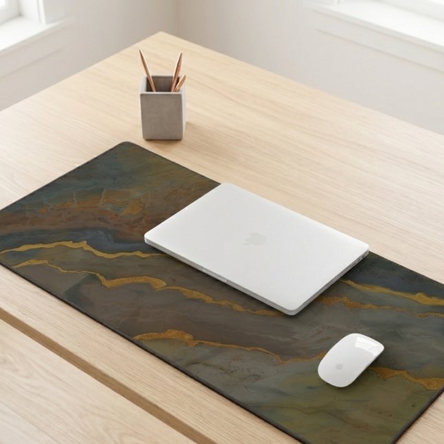 Abstrakte Erdtöne-Geode-Marmor Schreibtischunterlage (Abstract geode desk mat on a wood table, perfect birthday gift for a remote worker.)
