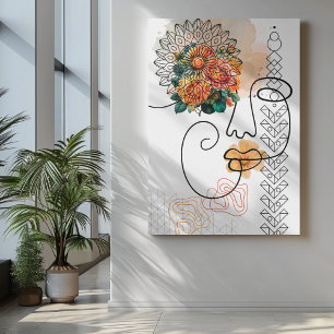 Abstrakte Face Line Kunst mit orangefarbenen Blume Leinwanddruck