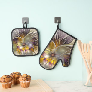 Abstrakte Fantasy-Blume Modernes Fraktal Ofenhandschuh & Topflappen-Set