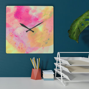 Abstrakte Farbe Rosa Gelb Lila Quadratische Wanduhr
