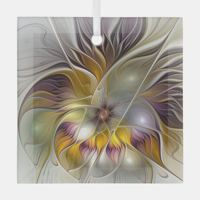 Abstrakte farbenfrohe Blume Modernes Fraktal Ornament Aus Glas (Vorderseite)