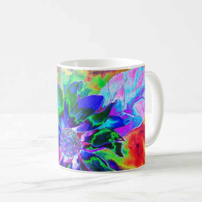 Abstrakte, farbenfrohe psychedelische Chakra-Sonne Kaffeetasse (VorderseiteRechts)