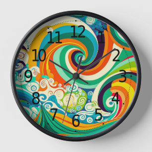 Abstrakte farbenfrohe Retro-70er-Jahre-Hippie-Well Uhr