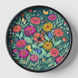 Abstrakte farbenfrohe Zinnien Schmetterlinge Kunst Uhr