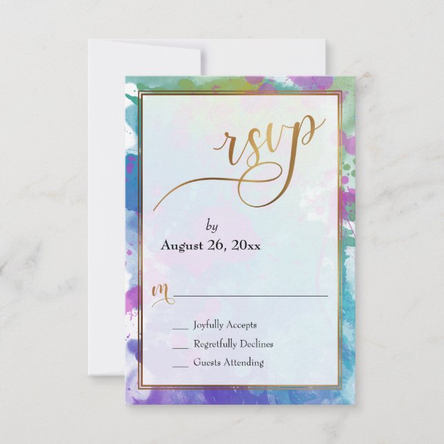 Abstrakte farbige Paint-Spritzer - Gold-Script RSVP Karte (Vorderseite)