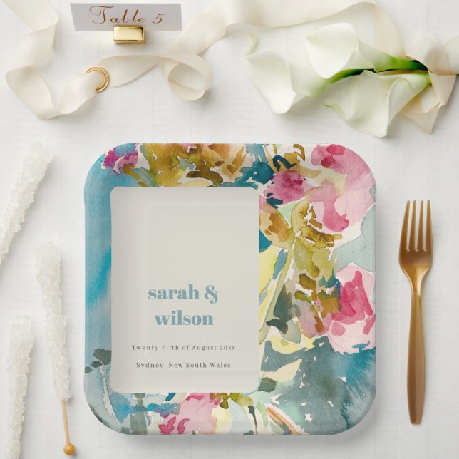 Abstrakte fette rosa blaue Wasserfarbe Blumenzehen Pappteller (Hochzeit)