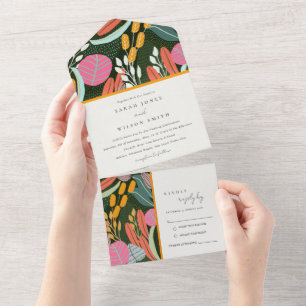 Abstrakte fette tropische botanische Hochzeit All In One Einladung