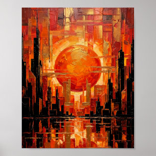 Abstrakte feurige Sonnenstadt-Skyline-Palettenmess Poster