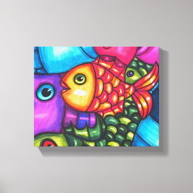 Abstrakte Fische  Meereswelt Original Art Leinwanddruck (Vorderseite)