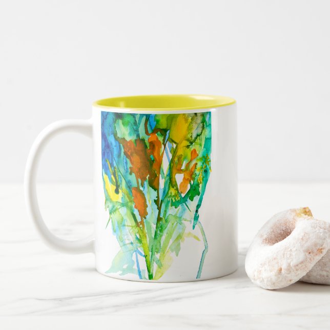 Abstrakte florale Aquarellkunst Zweifarbige Tasse (Mit Donut)