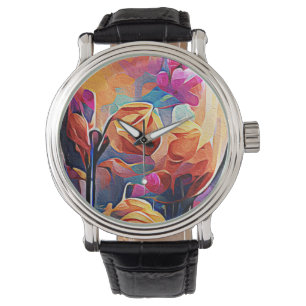 Abstrakte florale Kunst Orange Red Blue Blumen Armbanduhr