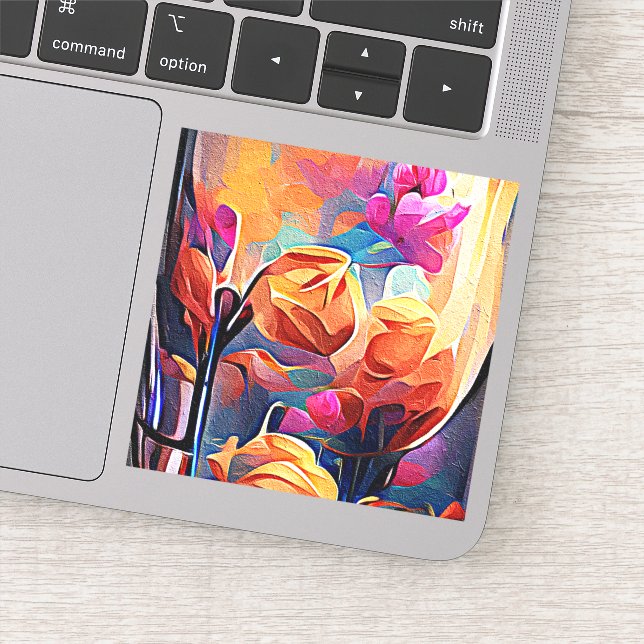 Abstrakte florale Kunst Orange Red Blue Blumen Aufkleber (Detail)