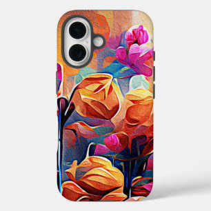 Abstrakte florale Kunst Orange Red Blue Blumen iPhone 16 Hülle