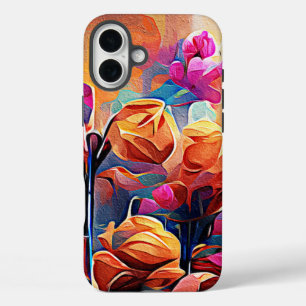 Abstrakte florale Kunst Orange Red Blue Blumen iPhone 16 Plus Hülle