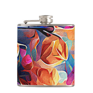Abstrakte florale Kunst Orange Red Blue Blumen Flachmann