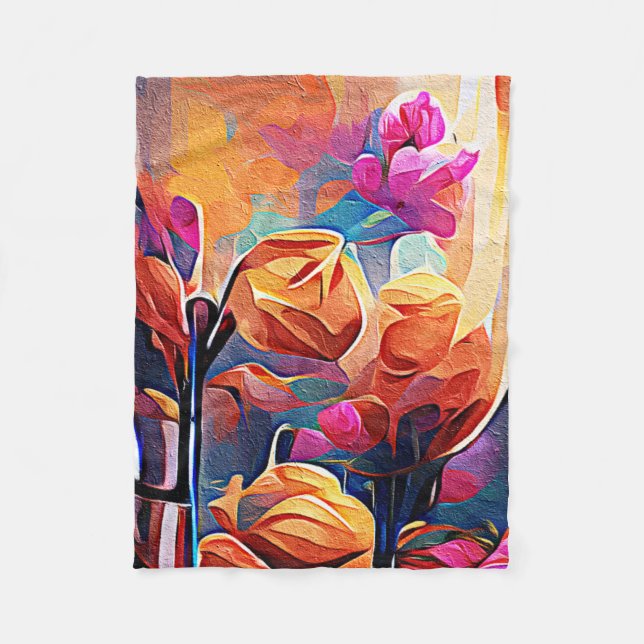 Abstrakte florale Kunst Orange Red Blue Blumen Fleecedecke (Vorderseite)