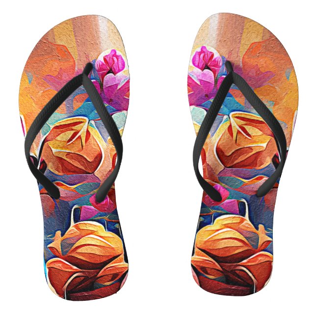 Abstrakte florale Kunst Orange Red Blue Blumen Flip Flops (Fußbett)