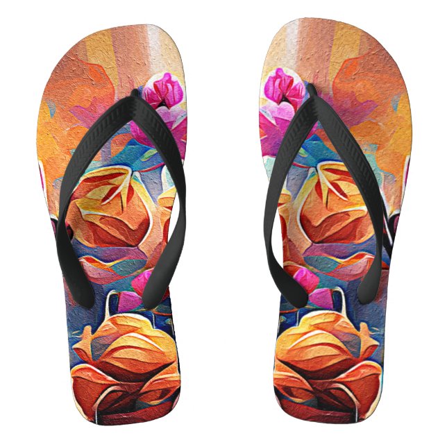 Abstrakte florale Kunst Orange Red Blue Blumen Flip Flops (Fußbett)