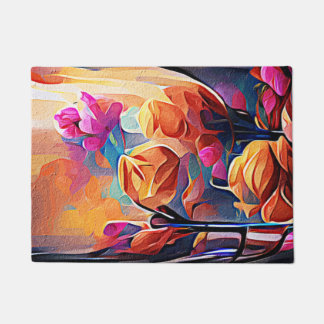 Abstrakte florale Kunst Orange Red Blue Blumen Fußmatte