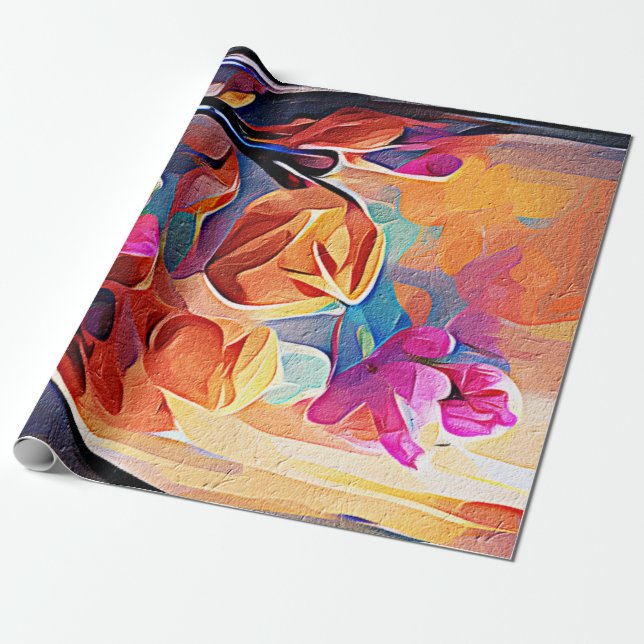 Abstrakte florale Kunst Orange Red Blue Blumen Geschenkpapier (Ungerollt)