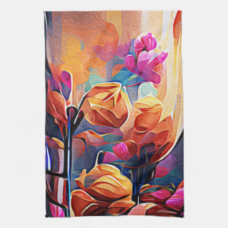 Abstrakte florale Kunst Orange Red Blue Blumen Geschirrtuch