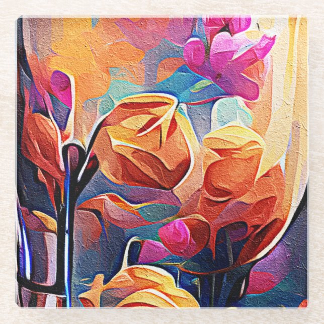 Abstrakte florale Kunst Orange Red Blue Blumen Glasuntersetzer (Vorderseite)