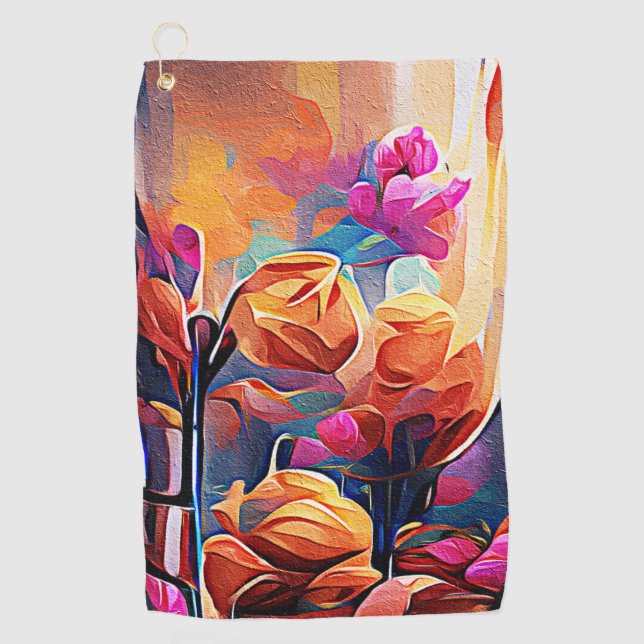 Abstrakte florale Kunst Orange Red Blue Blumen Golfhandtuch (Vorderseite)