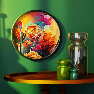 Abstrakte florale Kunst Orange Red Blue Blumen Große Wanduhr