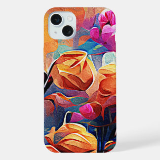 Abstrakte florale Kunst Orange Red Blue Blumen iPhone 15 Plus Hülle