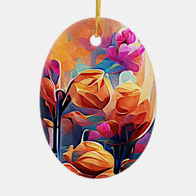 Abstrakte florale Kunst Orange Red Blue Blumen Keramik Ornament (Vorne)