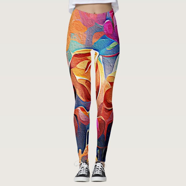 Abstrakte florale Kunst Orange Red Blue Blumen Leggings (Vorderseite)