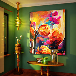 Abstrakte florale Kunst Orange Red Blue Blumen Leinwanddruck