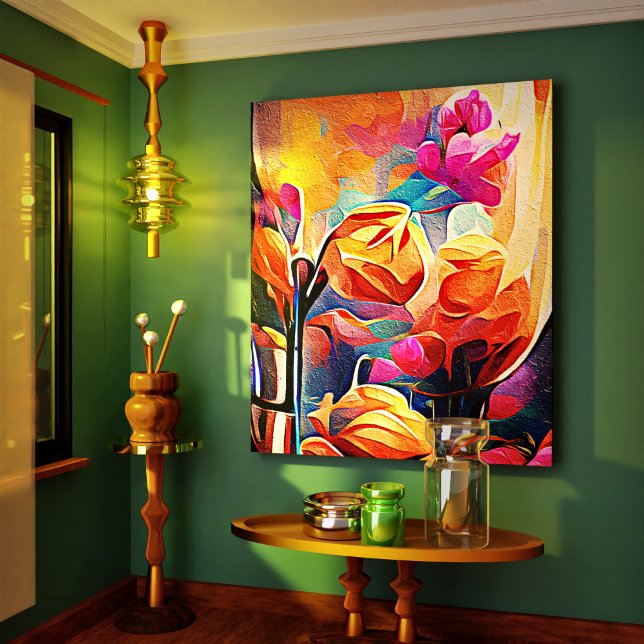 Abstrakte florale Kunst Orange Red Blue Blumen Leinwanddruck (Floral Abstract Art Orange Red Blue Flowers Canvas Print)