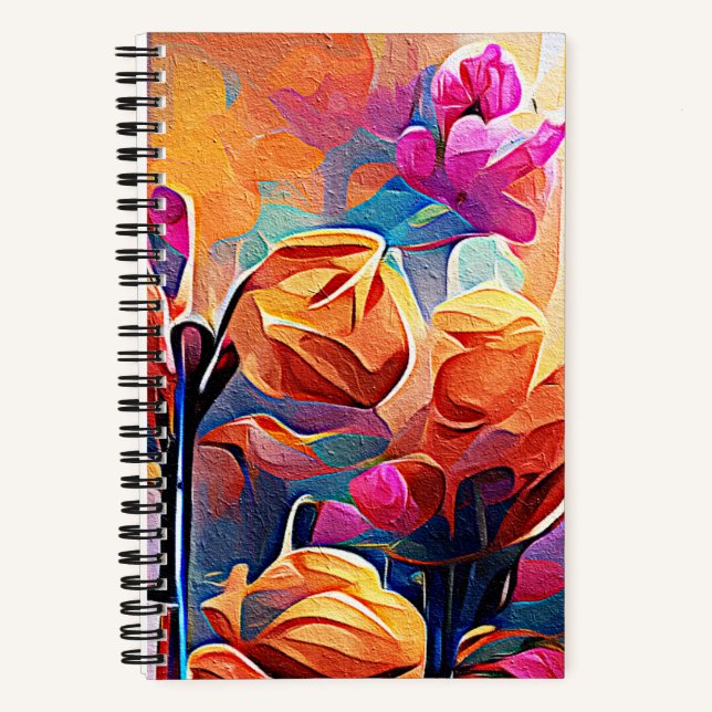 Abstrakte florale Kunst Orange Red Blue Blumen Notizbuch (Vorderseite)