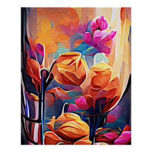 Abstrakte florale Kunst Orange Red Blue Blumen Poster