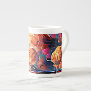 Abstrakte florale Kunst Orange Red Blue Blumen Prozellantasse