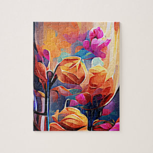 Abstrakte florale Kunst Orange Red Blue Blumen Puzzle