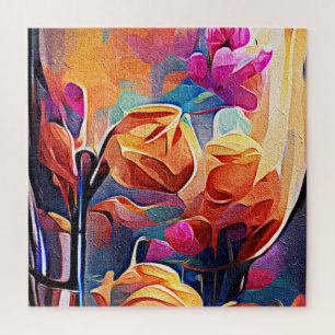 Abstrakte florale Kunst Orange Red Blue Blumen Puzzle
