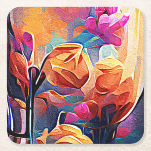 Abstrakte florale Kunst Orange Red Blue Blumen Rechteckiger Pappuntersetzer