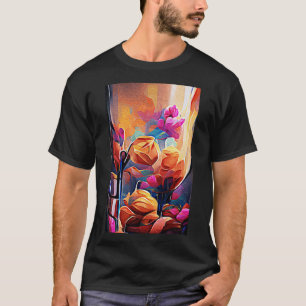 Abstrakte florale Kunst Orange Red Blue Blumen T-Shirt