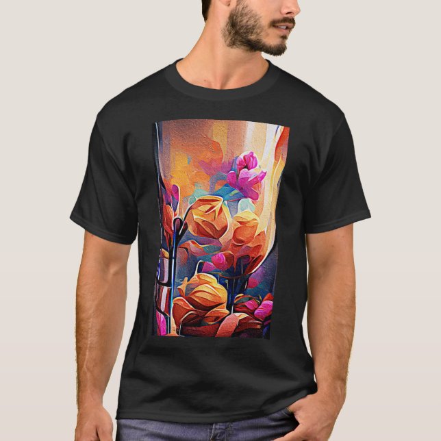 Abstrakte florale Kunst Orange Red Blue Blumen T-Shirt (Vorderseite)