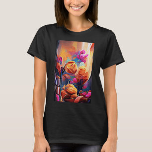 Abstrakte florale Kunst Orange Red Blue Blumen T-Shirt