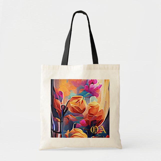 Abstrakte florale Kunst Orange Red Blue Blumen Tragetasche (Vorne)