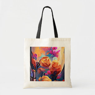 Abstrakte florale Kunst Orange Red Blue Blumen Tragetasche