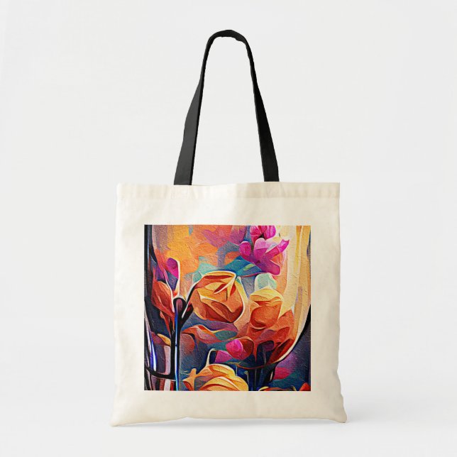 Abstrakte florale Kunst Orange Red Blue Blumen Tragetasche (Vorne)